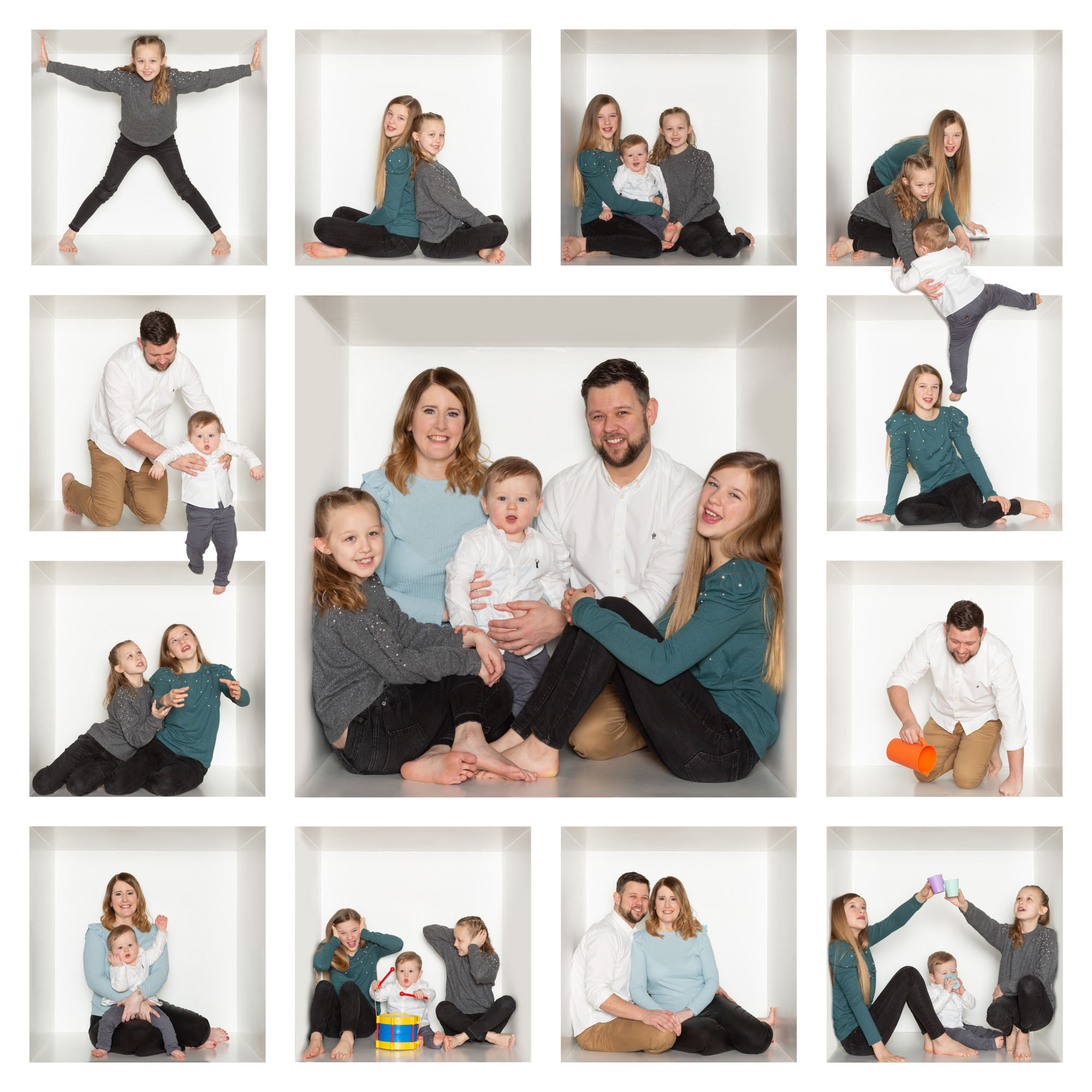 Mum, Dad and 3 small children in various poses in a box Wirral kids photographer