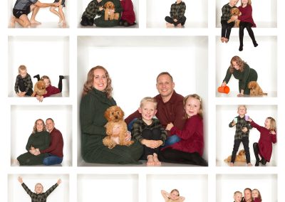 Mum, dad and two young children with their cavapoo puppy having fun in various poses Wirral family photographer
