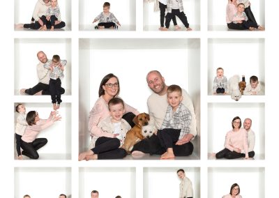 Smiling family in a box wih 14 different poses Wirral family photographer