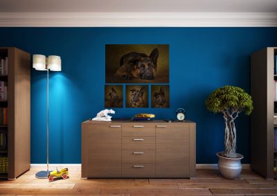 4 pieces of wall art hanging in a home studio abouve a piece of furniture Chester pet photographer